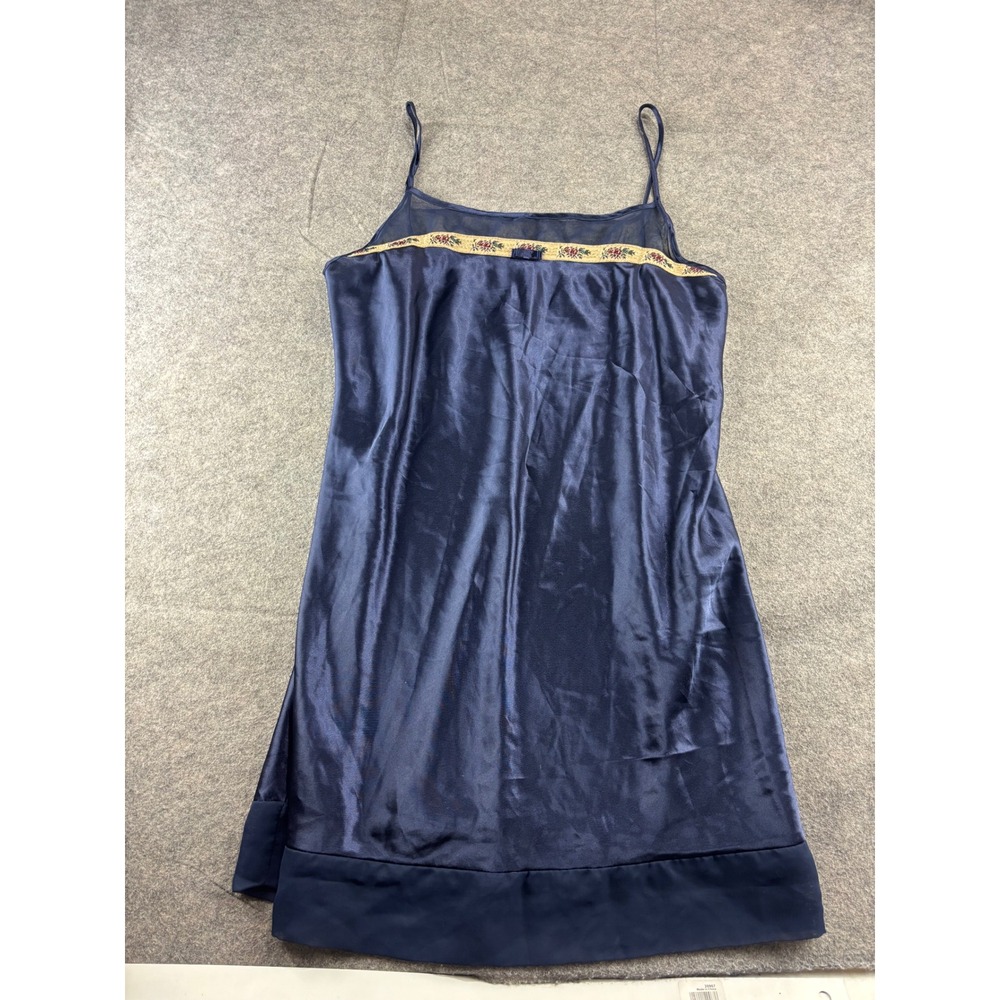 Size S? Navy Blue Satin Floral Trim Chemise Nightgown Sheer Mesh Mini Slip Dress